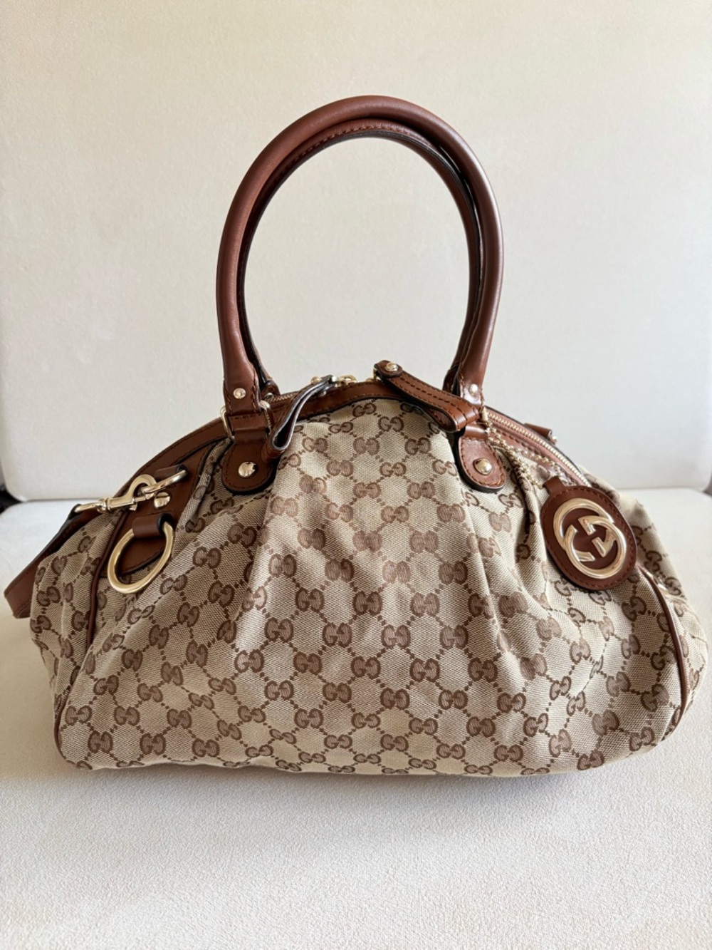 Gucci GG Canvas Sukey Satchel Brown Monogram | Leather Trim | Strap + Dust Bag